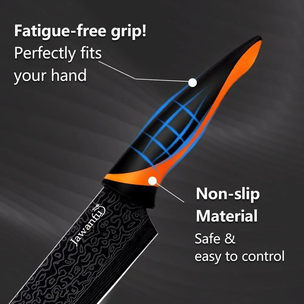 Jawanfu 8 Piece Knife Set Black & Orange Damascus Pattern NIB